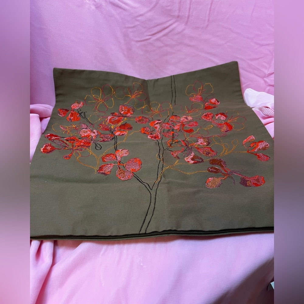 Floral Embroidered Olive Green pillow cover embroidered Crate and Barrel new